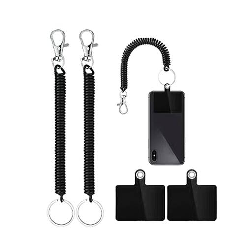 Mobile Phone Fall Protection 12CM Polyurethane Coil Key Chain Lanyard Tether With PVC Back Patch