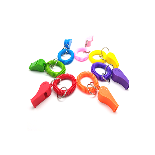 Colorful Promotional Plastic Wrist Coil With Whistle Flat Weld Coil Wristband Keychain