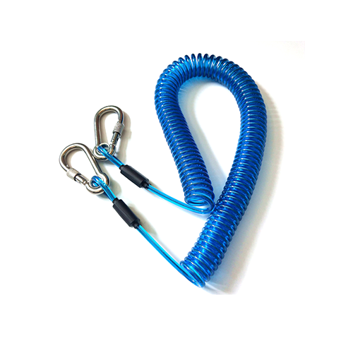 Heavy Duty Stainless Steel Transparent Blue Coil Lanyard Mat Retaining Tether With 2 SS Carabiners Stretch To 4.5Meter