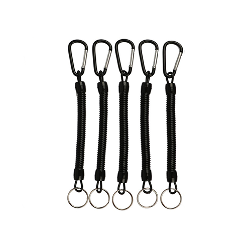 Black Quick Release Plier Coiled Lanyard With Aluminum Colored Carabiner Holders