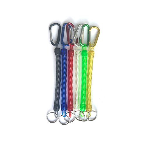 6 Colours Plastic Spring Lanyard Key Chains With Aluminum D Carabiner And Split Ring