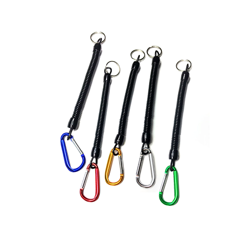 Black Quick Release Plier Coiled Lanyard With Aluminum Colored Carabiner Holders